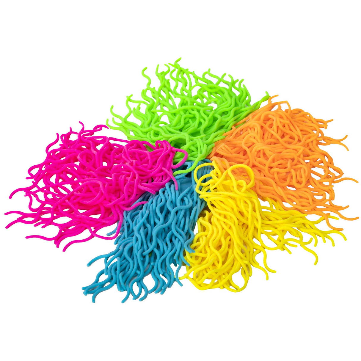 Colorful, artificial-looking noodles arranged in a circular pattern for Schylling RNL