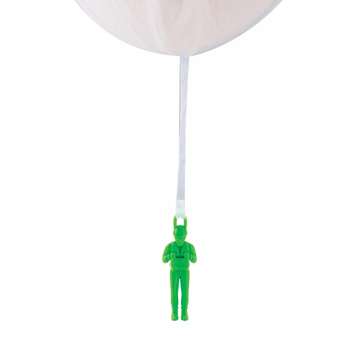 Green plastic paratrooper toy hanging from a white canopy for Schylling RPT