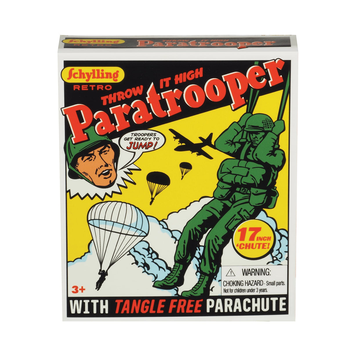 Vintage toy box featuring a paratrooper figure and parachute toy for Schylling RPT