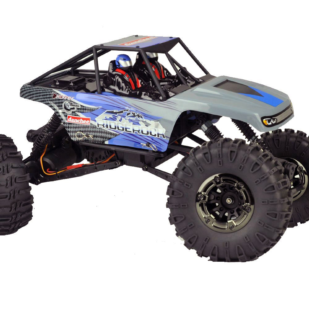 Remote control crawler vehicle with large off-road tires and open roll cage for RedCAT Danchee Ridgerock, front view