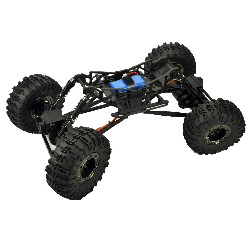 Black RC crawler with large off-road tires and blue battery pack for RedCAT Danchee Ridgerock