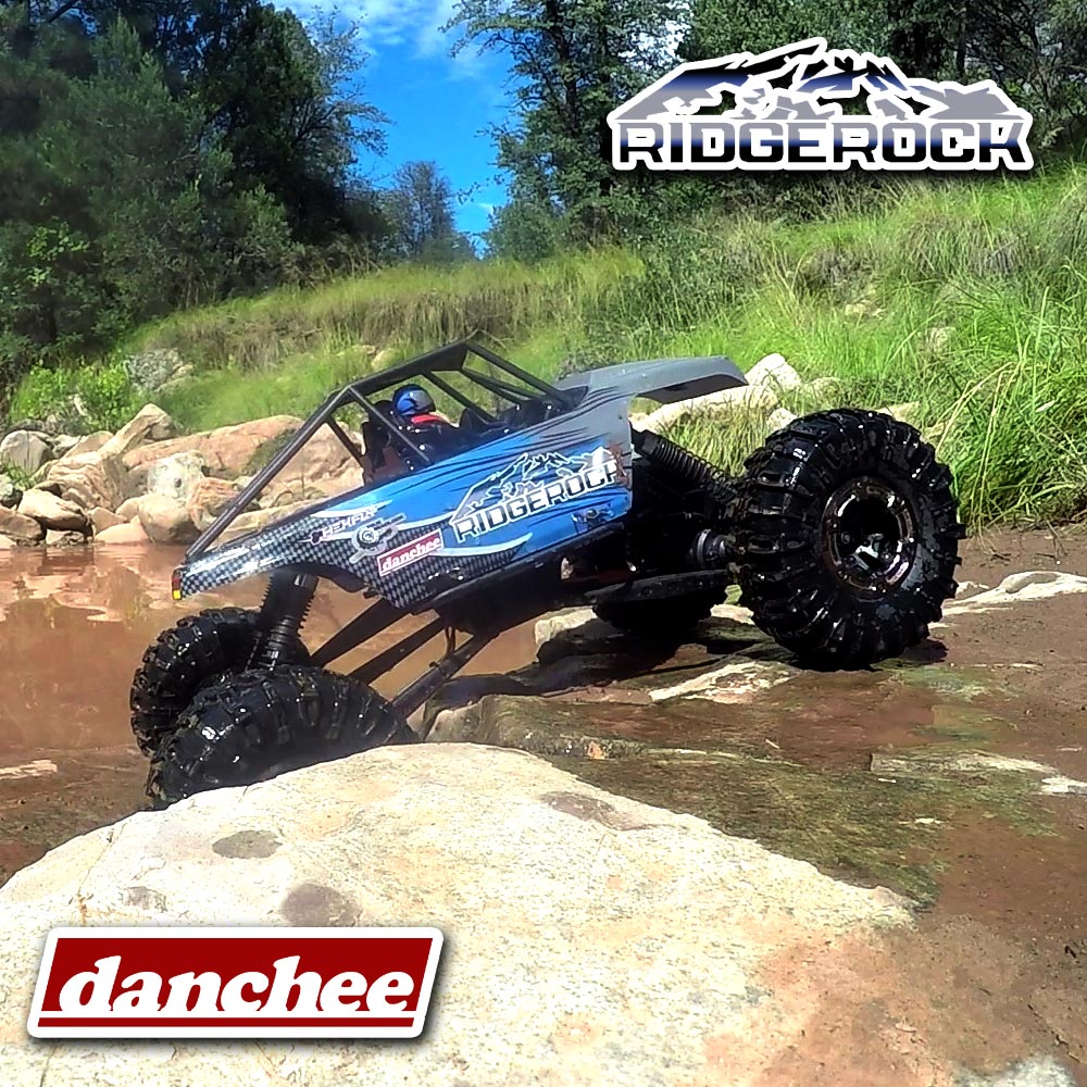 Remote-controlled crawler tackling rocky terrain outdoors for RedCAT Danchee Ridgerock