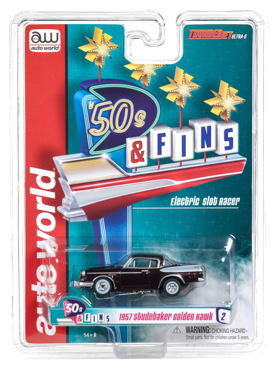 Slot car of a 1957 Studebaker Golden Hawk electric slot racer for Auto World SC334