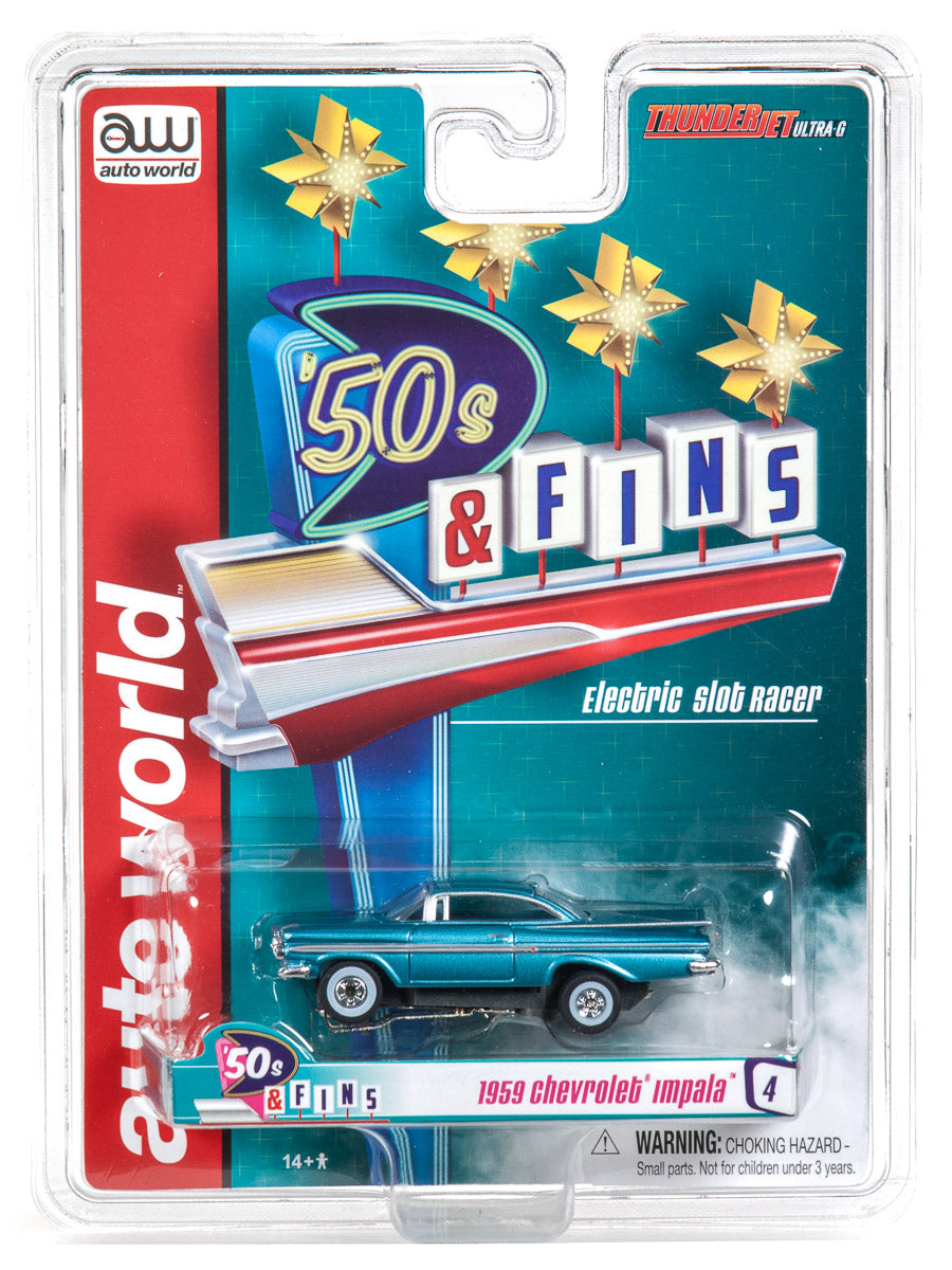 Die-cut card featuring a blue 1959 Chevrolet Impala toy car and "50's and Fins" branding for Auto World SC334