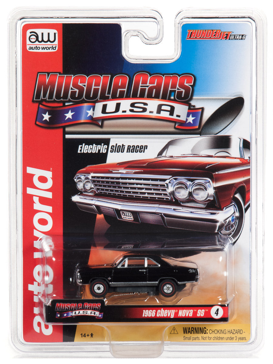 Red and black electric slot car set featuring classic American muscle cars for Auto World SC340