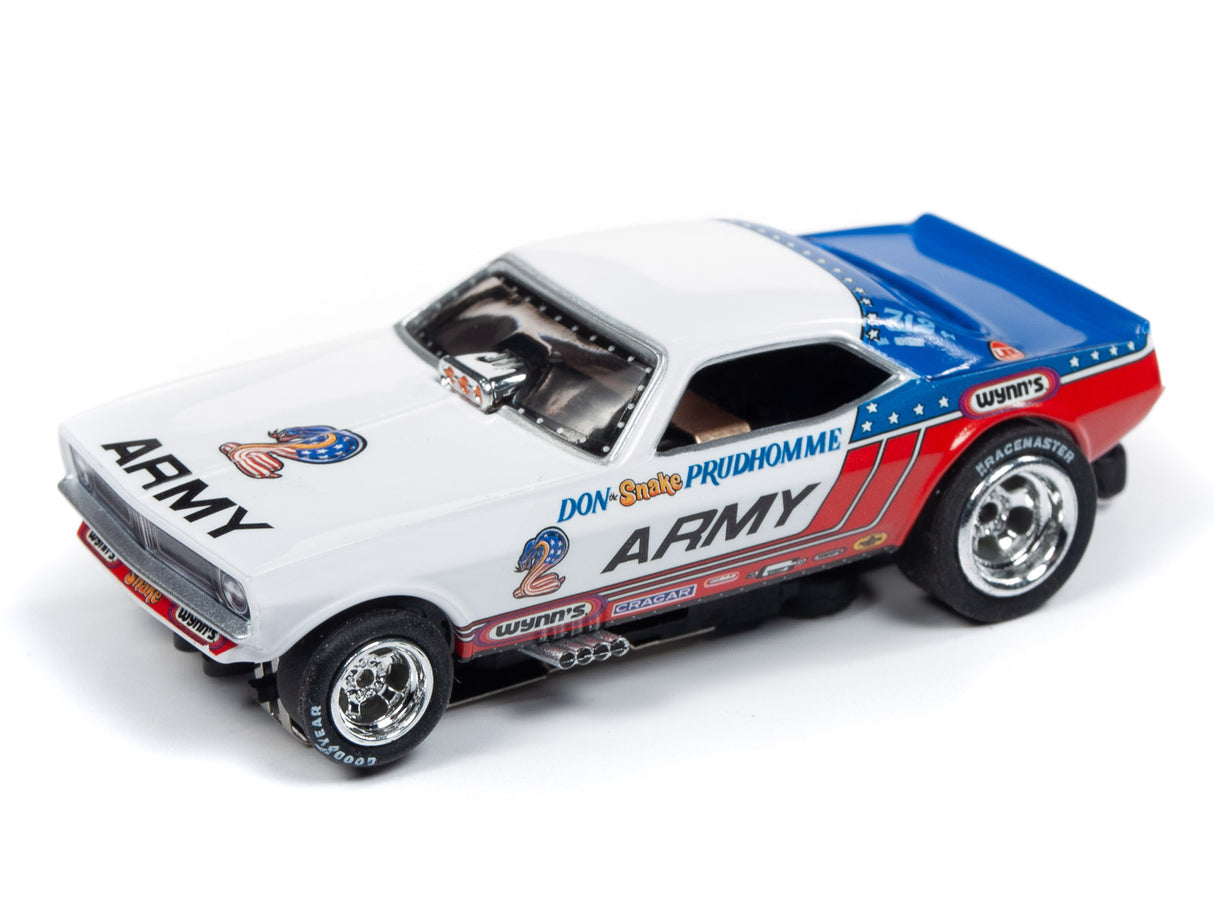 Slot car of a 1973 Plymouth Cuda Funny Car, white and blue for Auto World SC342THOMPSON