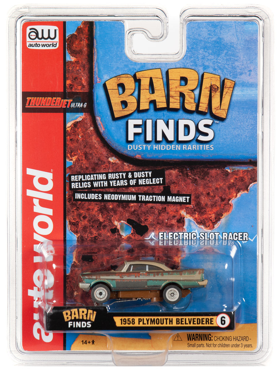 Slot car set: 1958 Plymouth Belvedere, dusty collectible toy for 6 Cars SC345