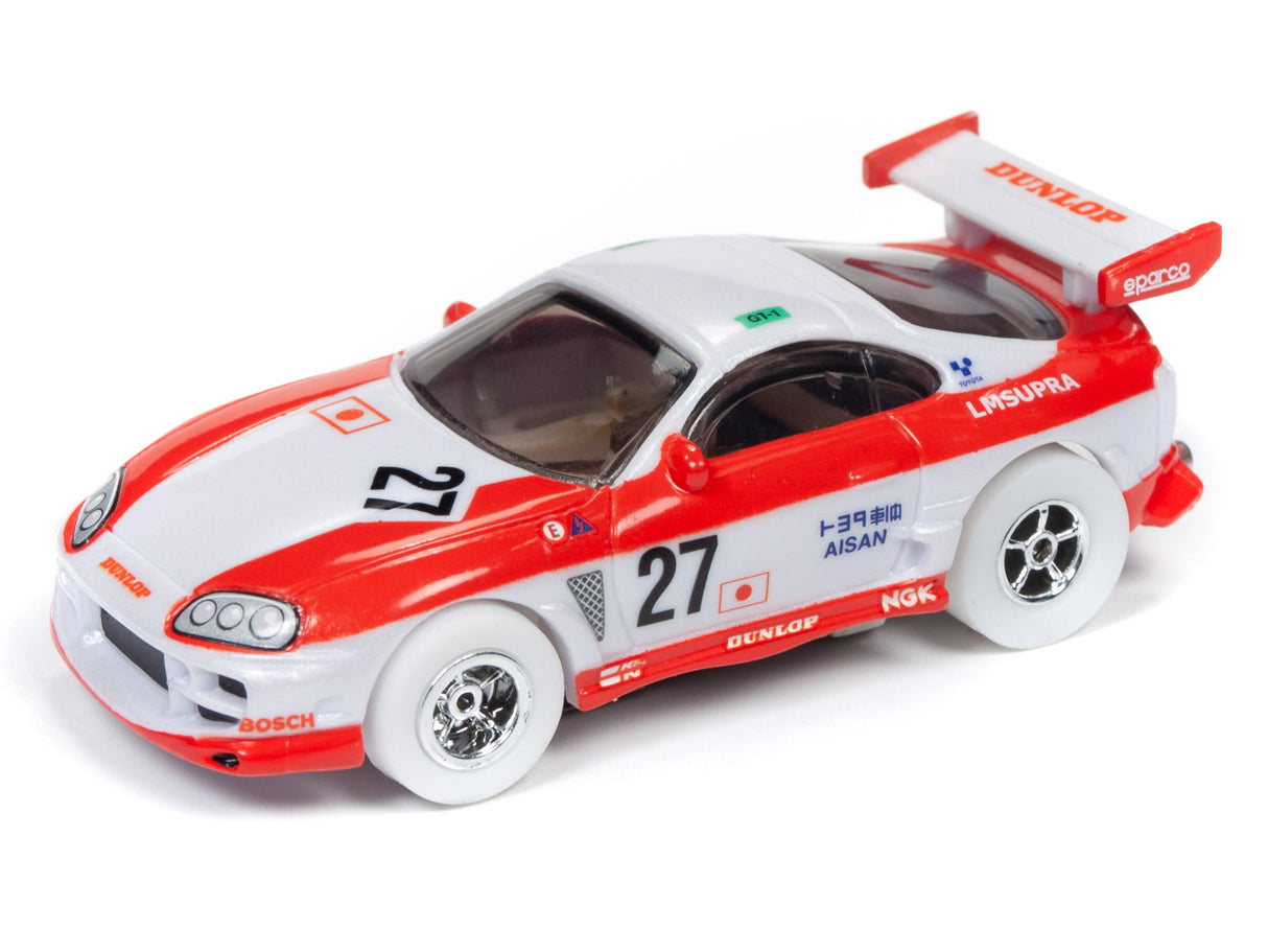 Red and white slot car with racing decals for Auto World SC346