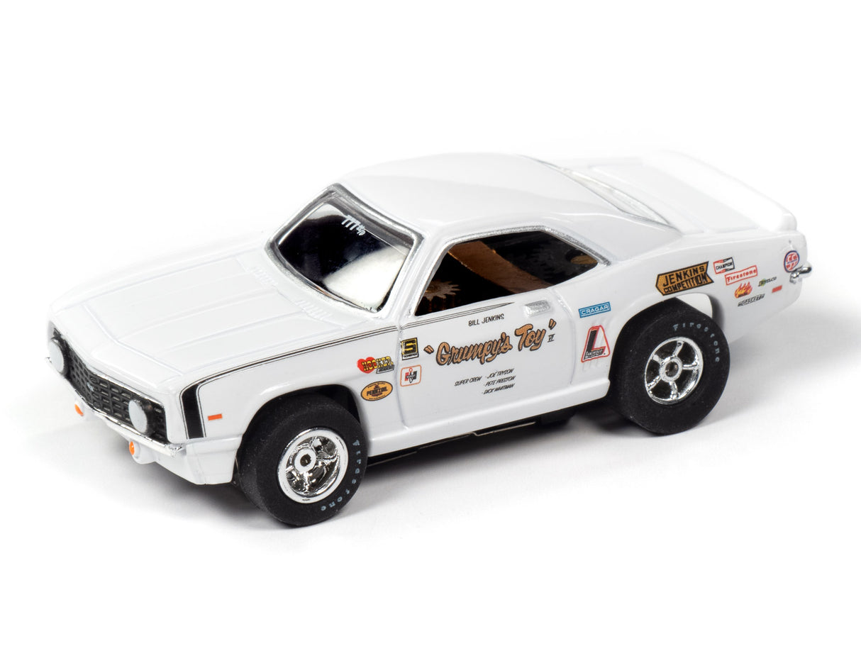White 1969 Camaro slot car with "Grumpy's Toy" branding for Auto World 1969 Chevrolet Camaro