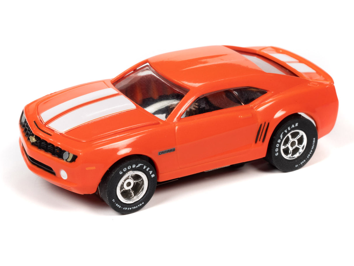 Orange Camaro slot car with white racing stripes for Auto World SC354