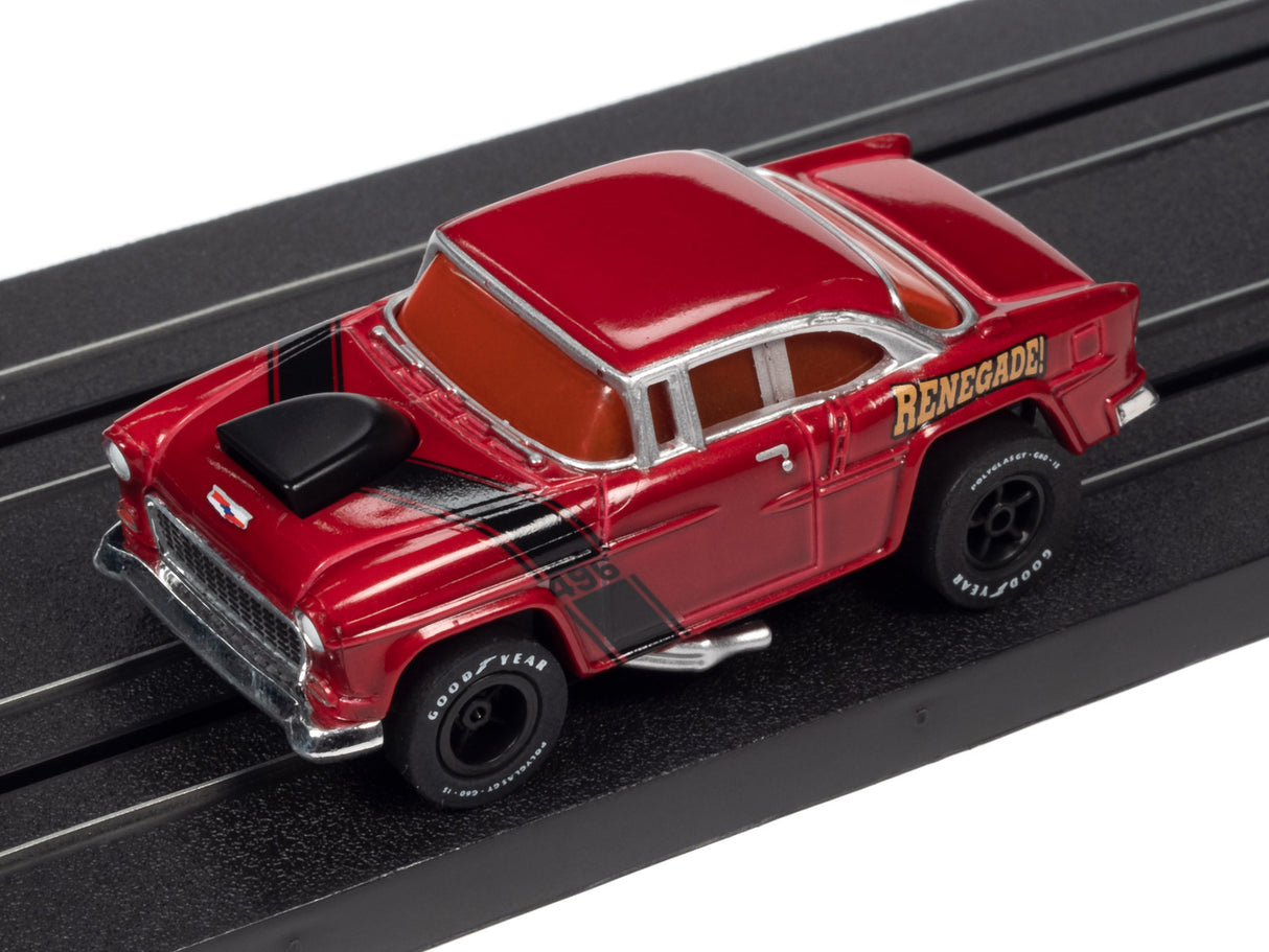 Red slot car muscle car toy on a black track for Auto World SC354