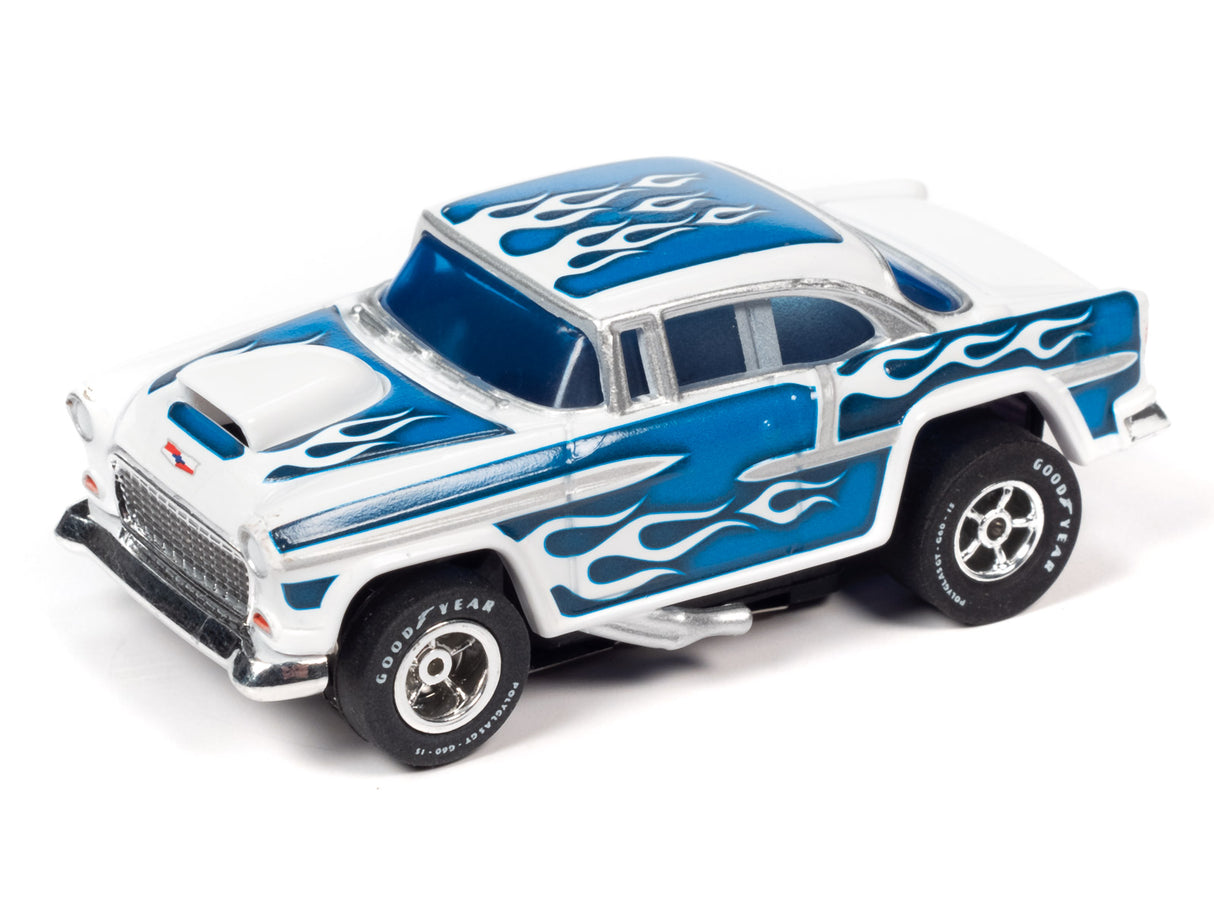 Muscle Cars USA - X-Traction - Release 30 | SC354 | Auto World-Auto World-#1 1955 Chevrolet Bel Air WHITE/BLUE FLAMES-ProTinkerToys