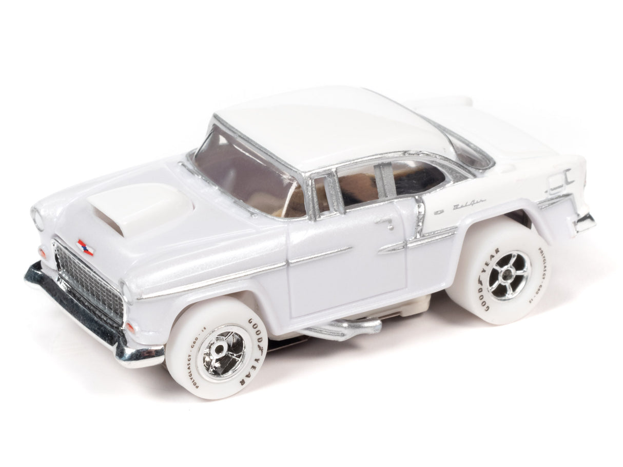 White slot car of a classic car, viewed from the side for Auto World SC354