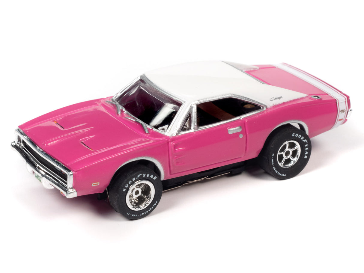 Pink and white slot car of a classic muscle car for Auto World SC354