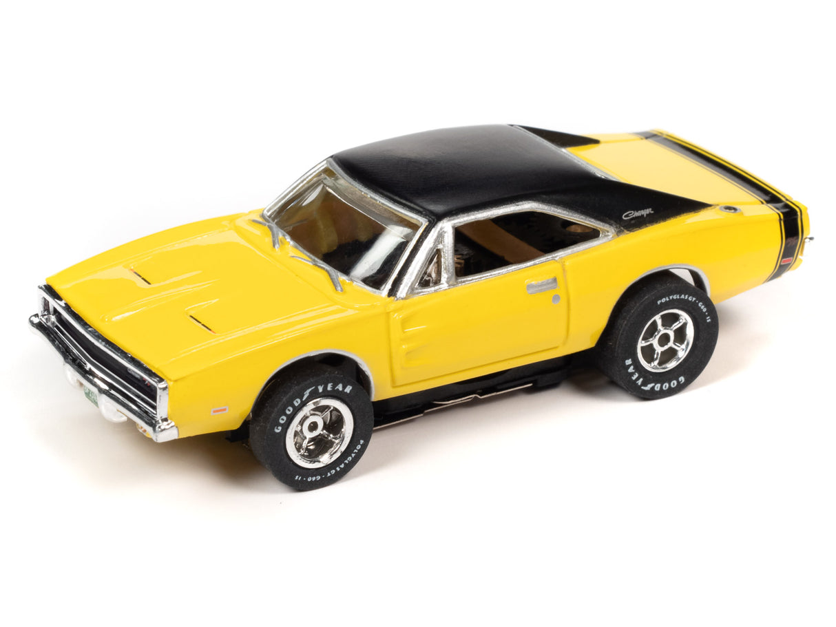 Yellow and black slot car of a classic muscle car for Auto World SC354, front view
