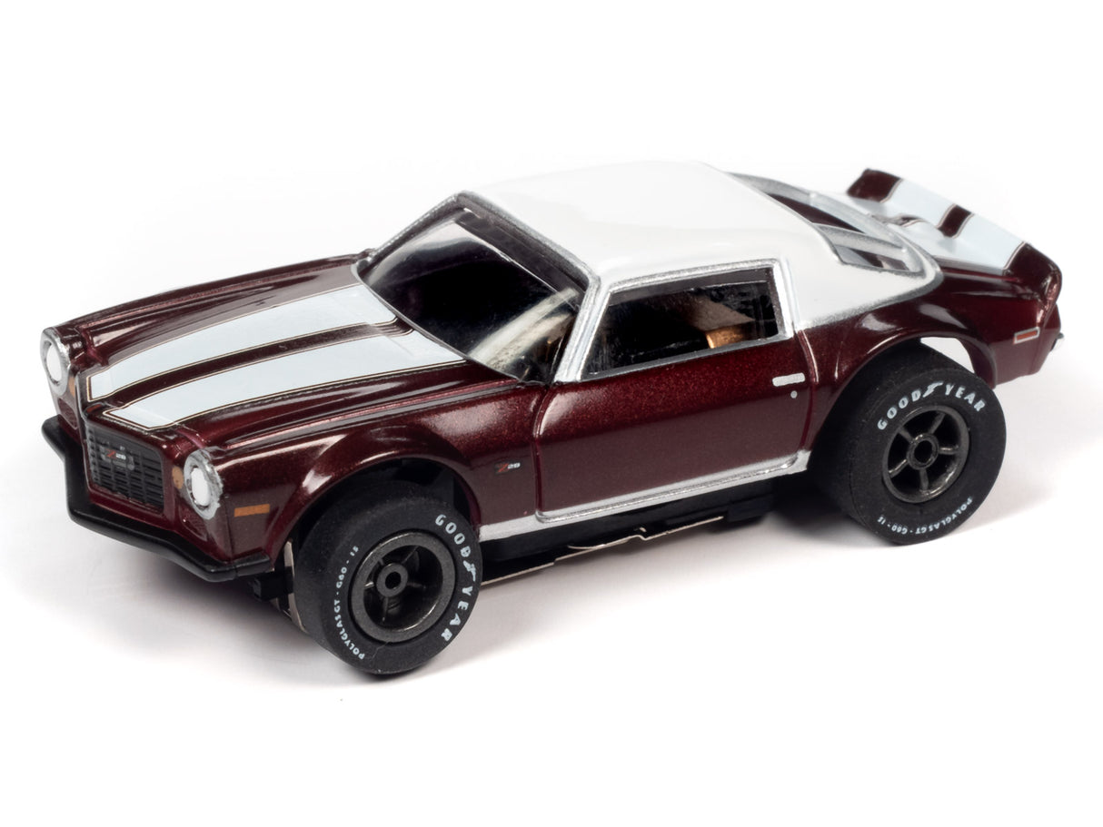 Red and white slot car of a classic muscle car for Auto World SC354