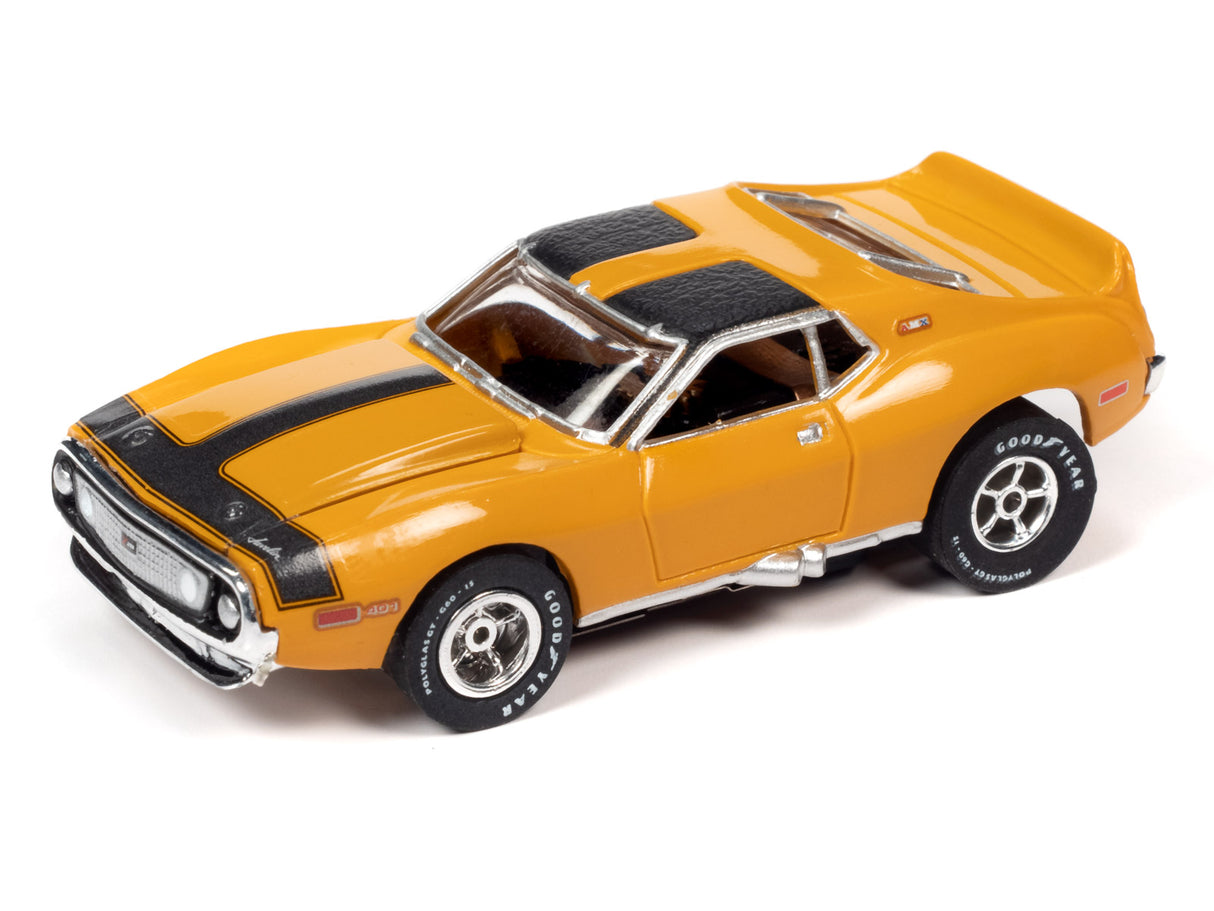 Yellow and black slot car of a classic muscle car for Auto World SC354, rear view