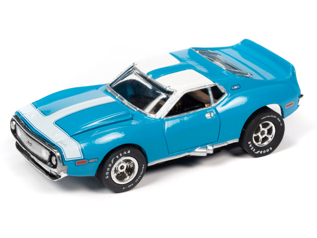 Blue and white slot car of a classic muscle car for Auto World SC354