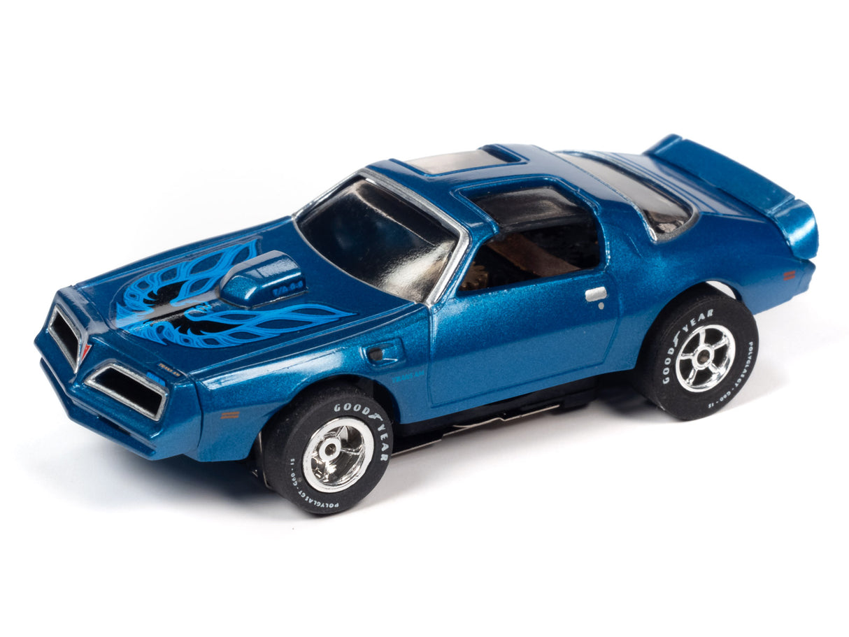 Blue slot car of a classic muscle car for Auto World SC354