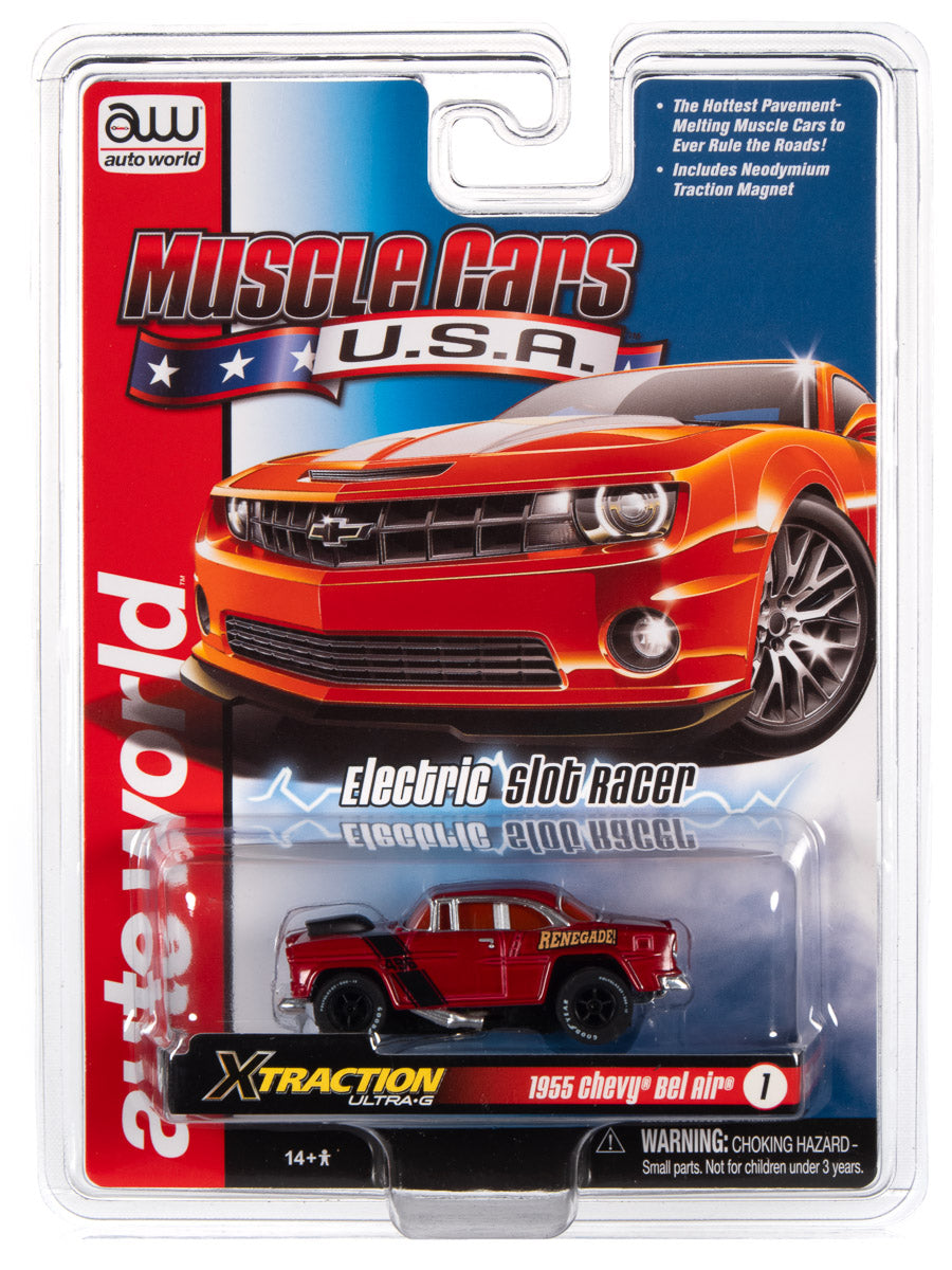 Red and black electric slot car set featuring classic muscle cars for Auto World SC354