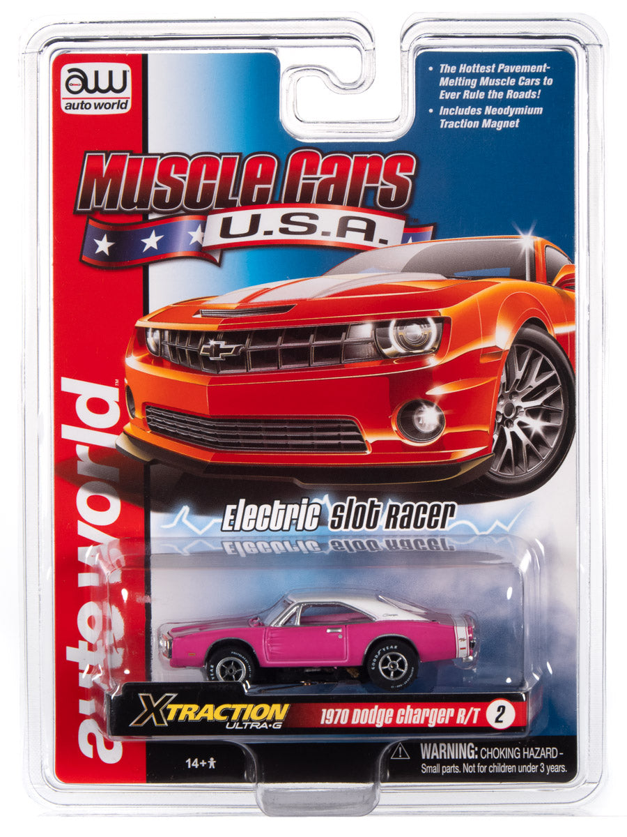Red Camaro and pink Dodge Charger slot car set for electric racing for Auto World SC354