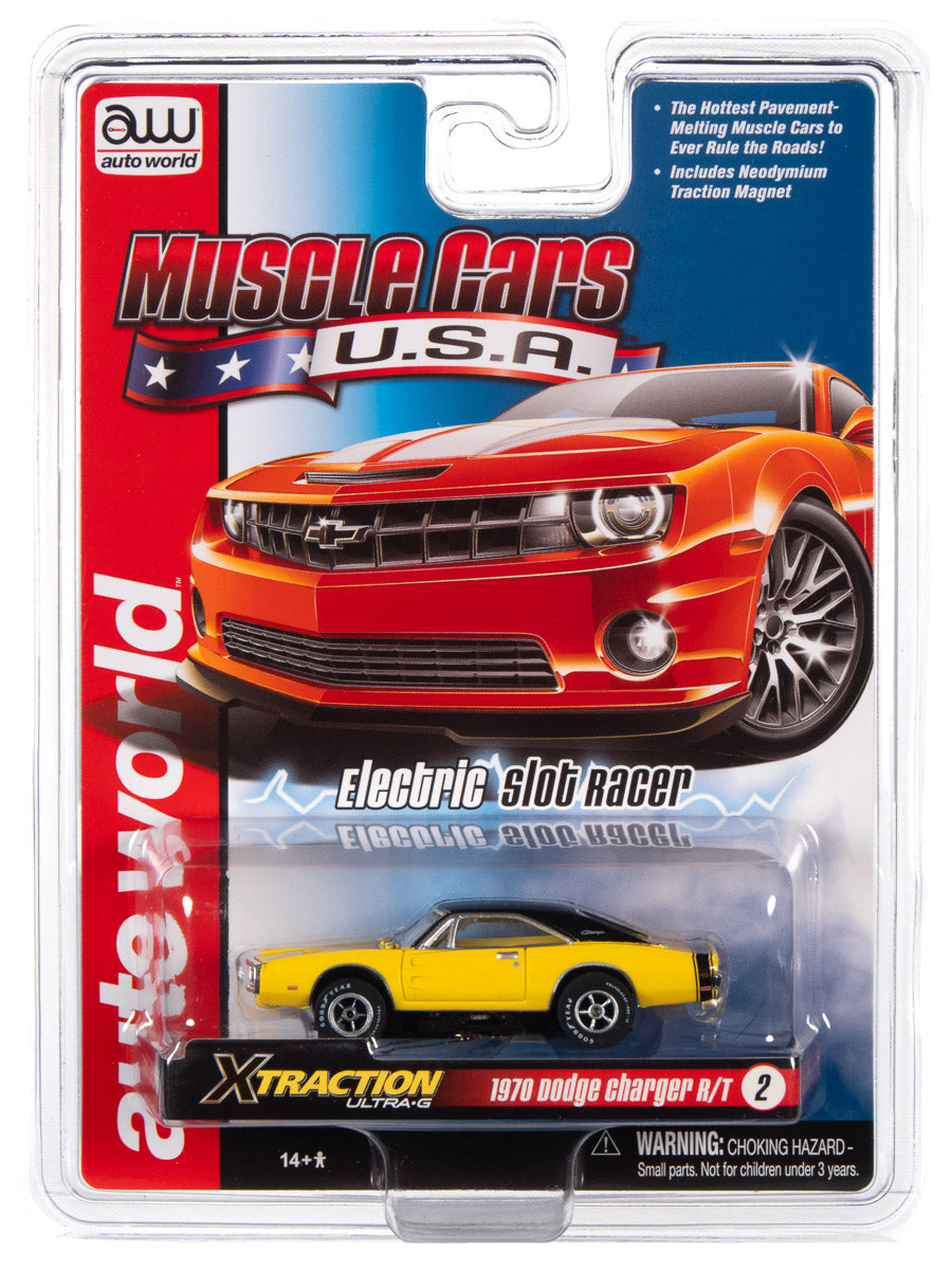 Red and yellow muscle car slot car set featuring a 1970 Dodge Charger for Auto World SC354