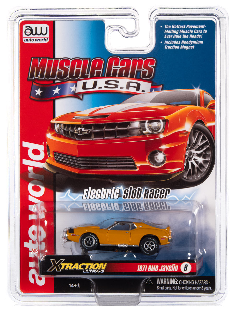 Red and yellow muscle cars in blister packaging for electric slot racing for Auto World SC354