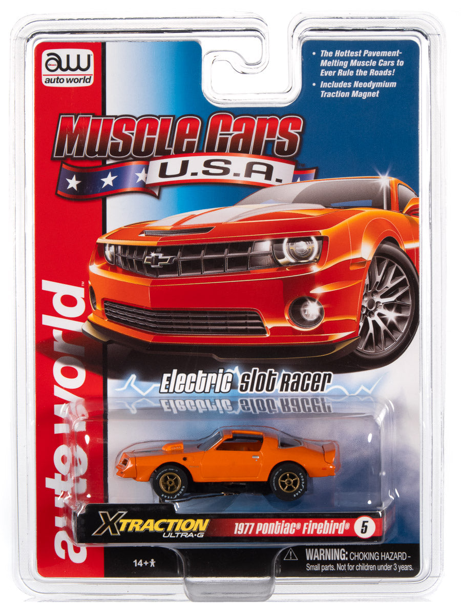 Orange and red muscle car toy set with a yellow Pontiac Firebird racer for Auto World SC354