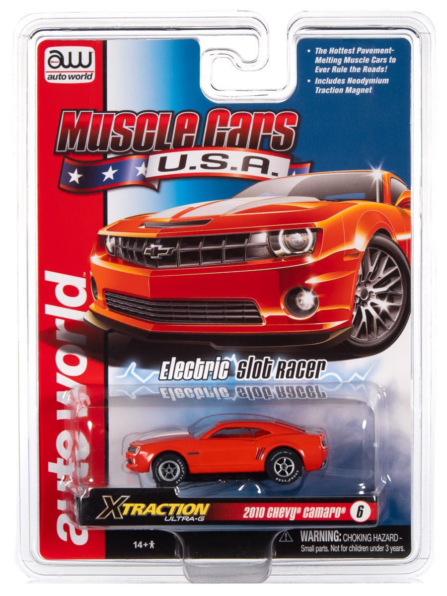 Orange and red slot car muscle car toy set, featuring a Camaro model for Auto World SC354