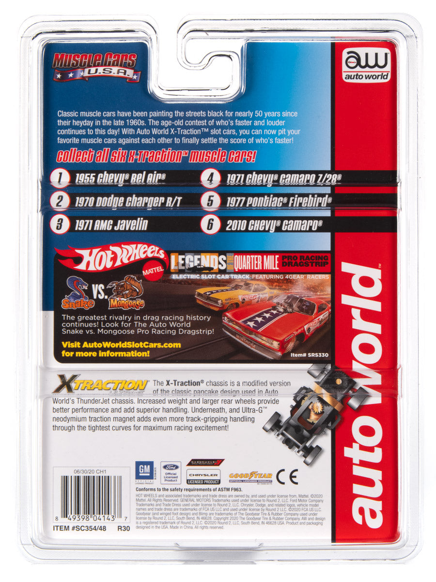 Muscle car slot car set featuring classic models and racing decals for Auto World SC354