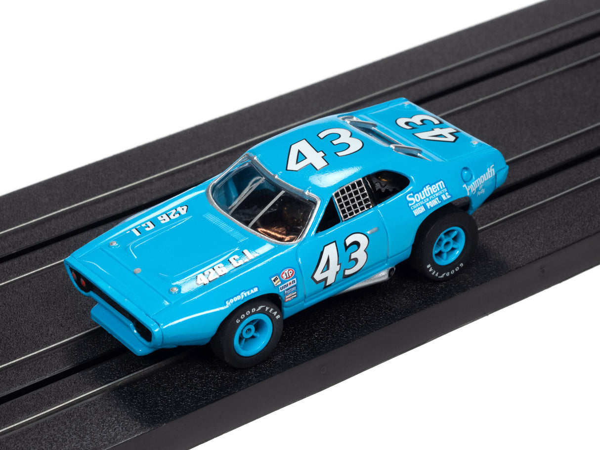 Blue slot car race car with number 43 on the side for Auto World SC355