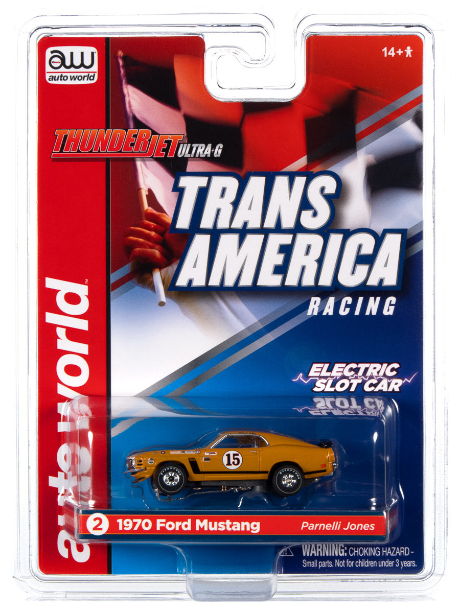 Yellow 1970 Ford Mustang slot car in clear plastic packaging for Auto World SC357