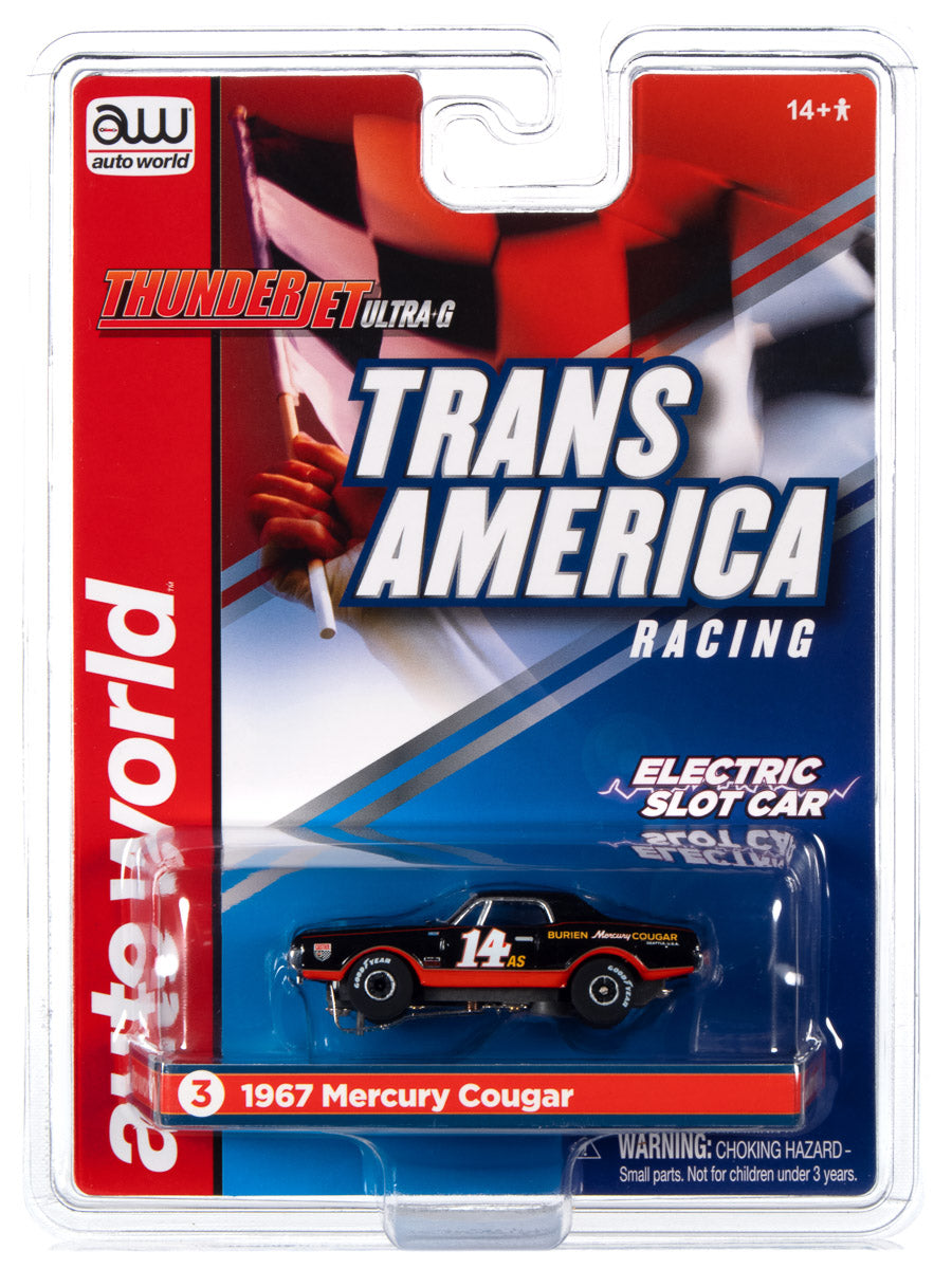 Slot car of a 1967 Mercury Cougar race car for Auto World SC357