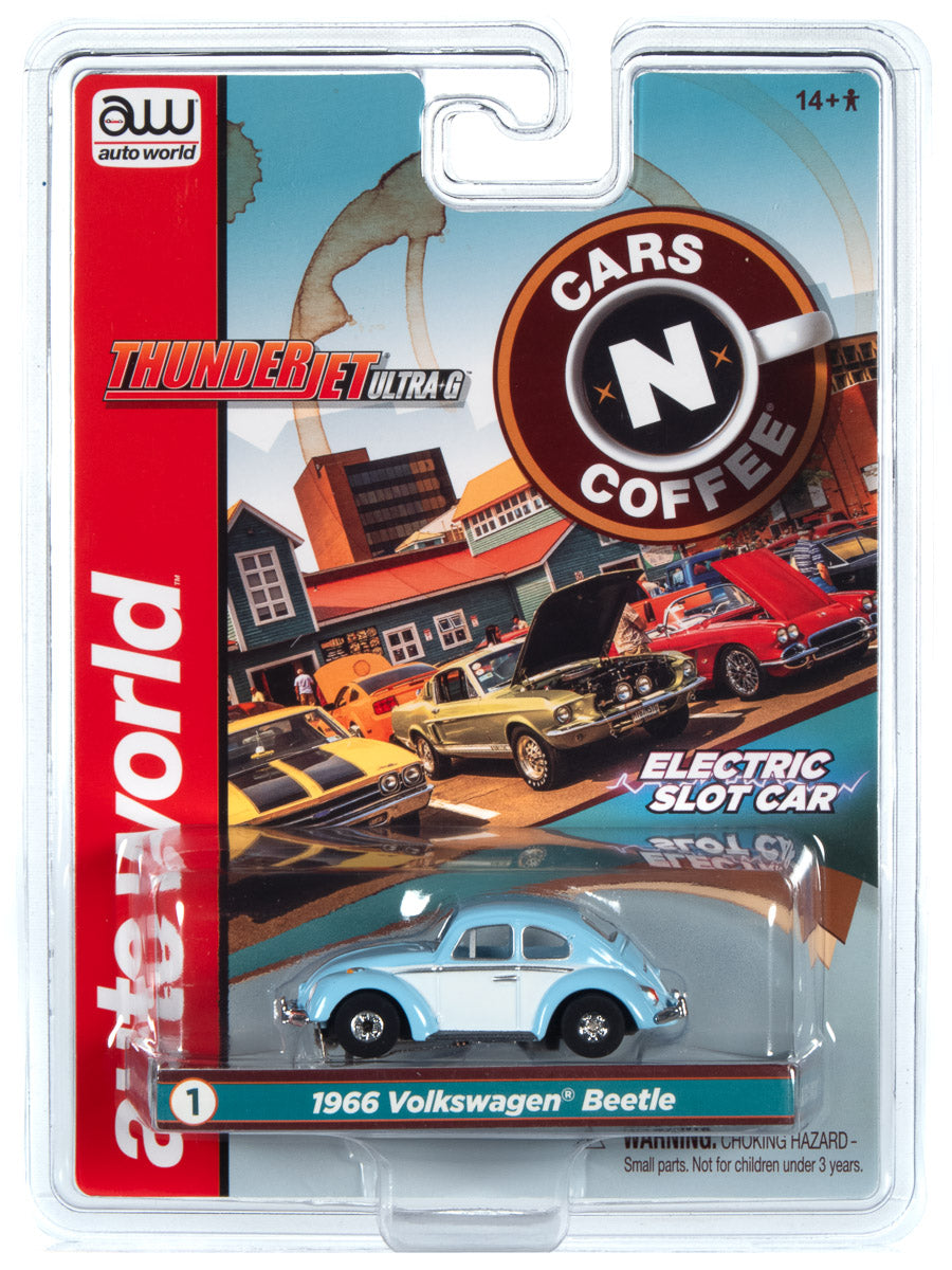 Blue 1966 Volkswagen Beetle electric slot car in packaging for Auto World SC360
