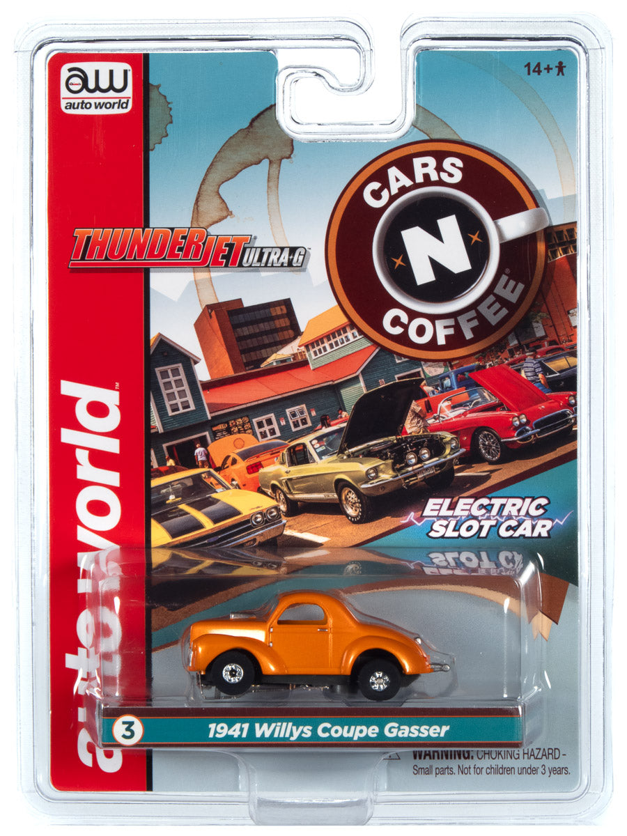 Orange 1941 Willys Coupe racer in a blister pack for Auto World SC360
