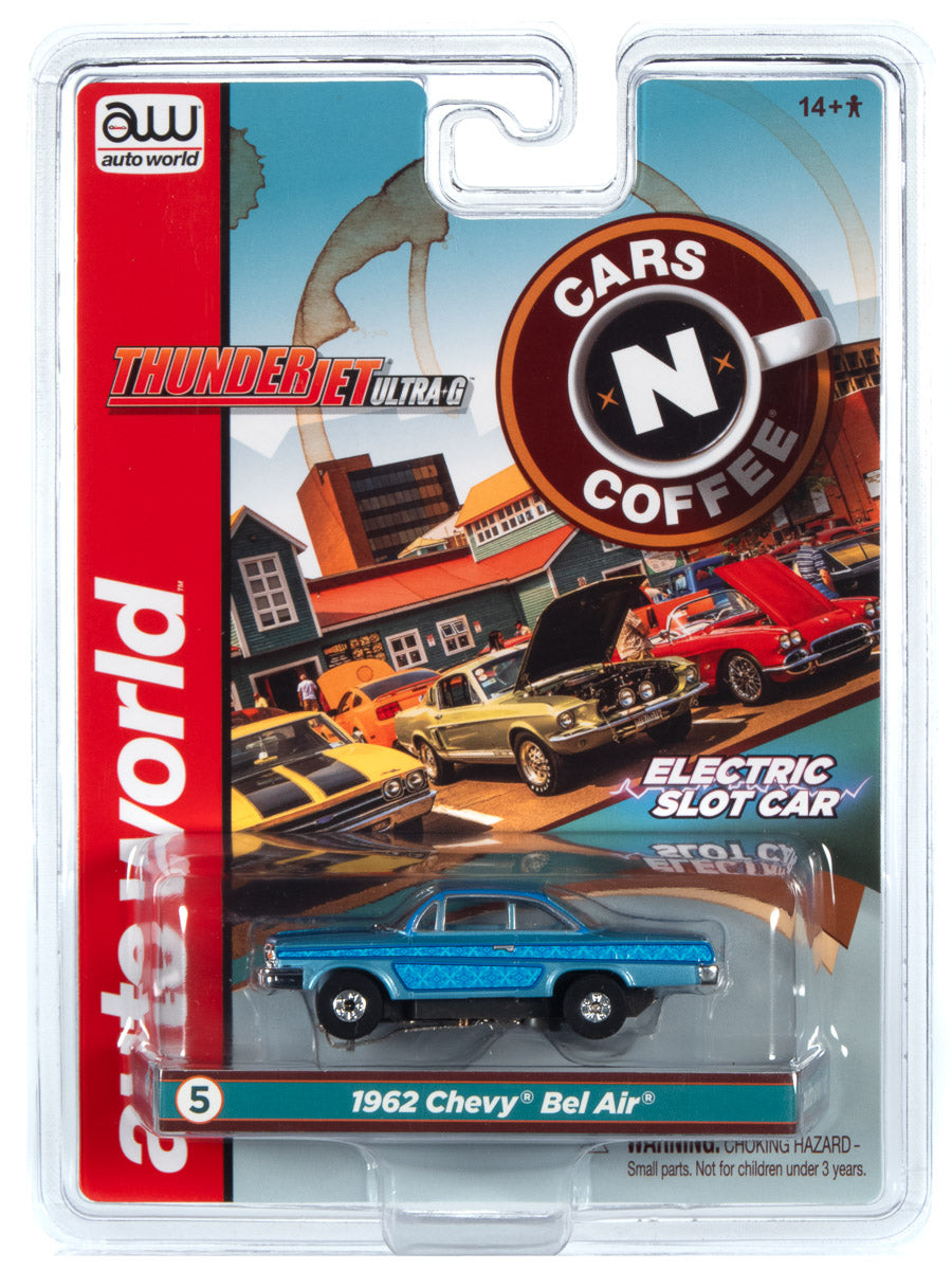 Slot car set featuring 1962 Chevy Bel Air and other classic vehicles for Auto World SC360