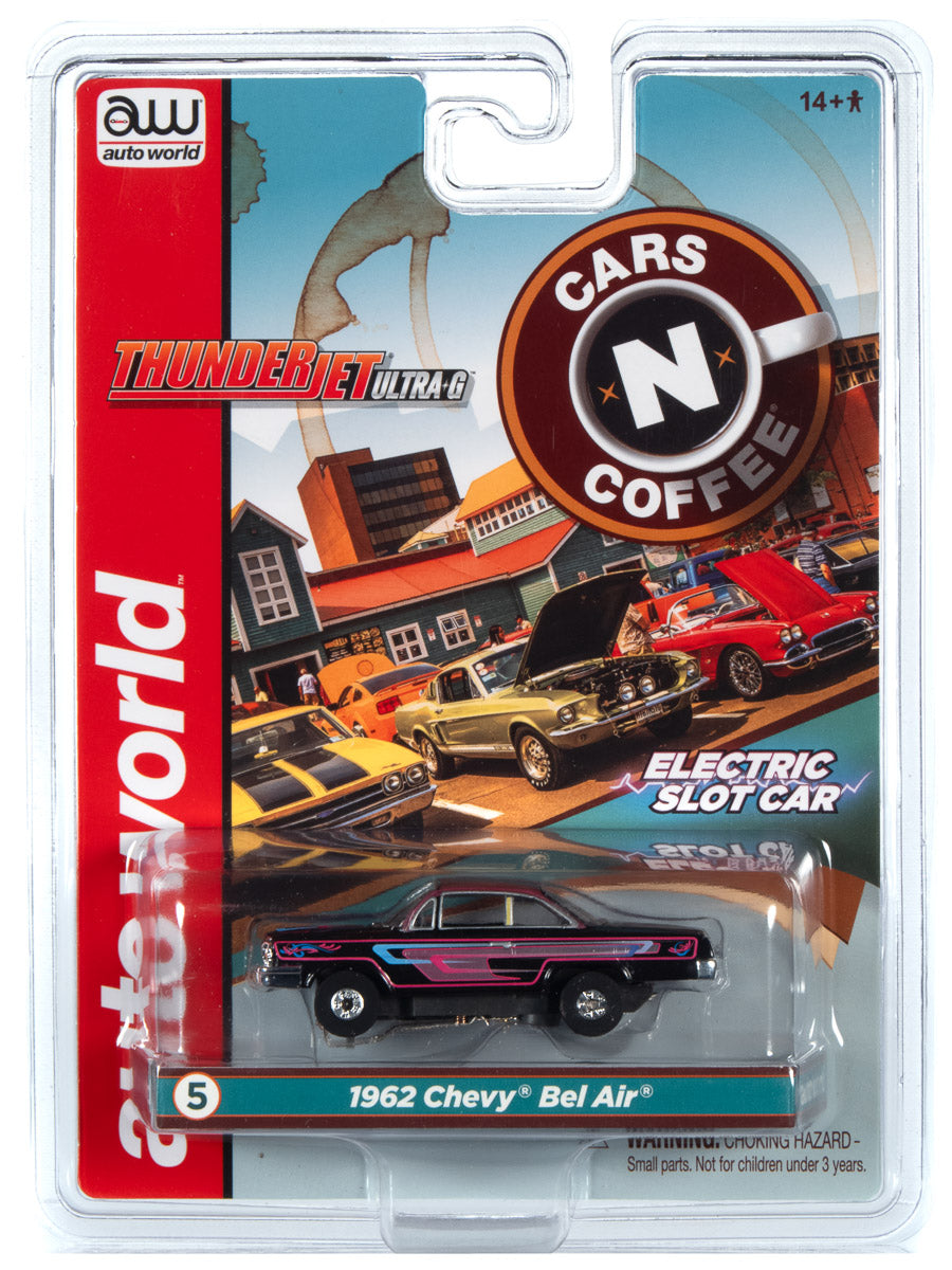 Slot car set featuring a 1962 Chevy Bel Air and other classic vehicles for Auto World SC360