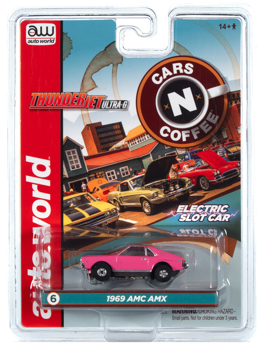 Slot car set featuring 1969 AMC and other classic vehicles for Auto World SC360, front view