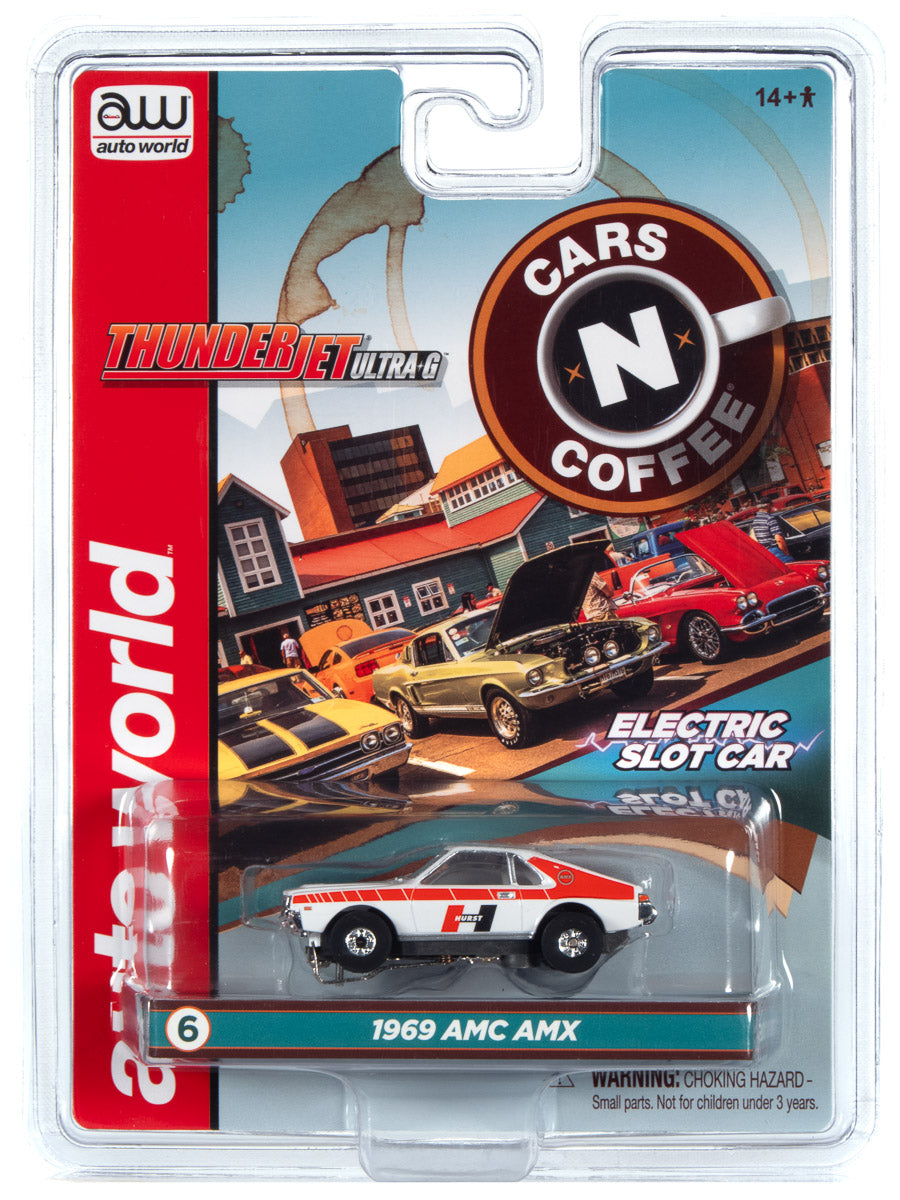 Slot car set featuring 1969 AMC and other classic vehicles for Auto World SC360, rear view