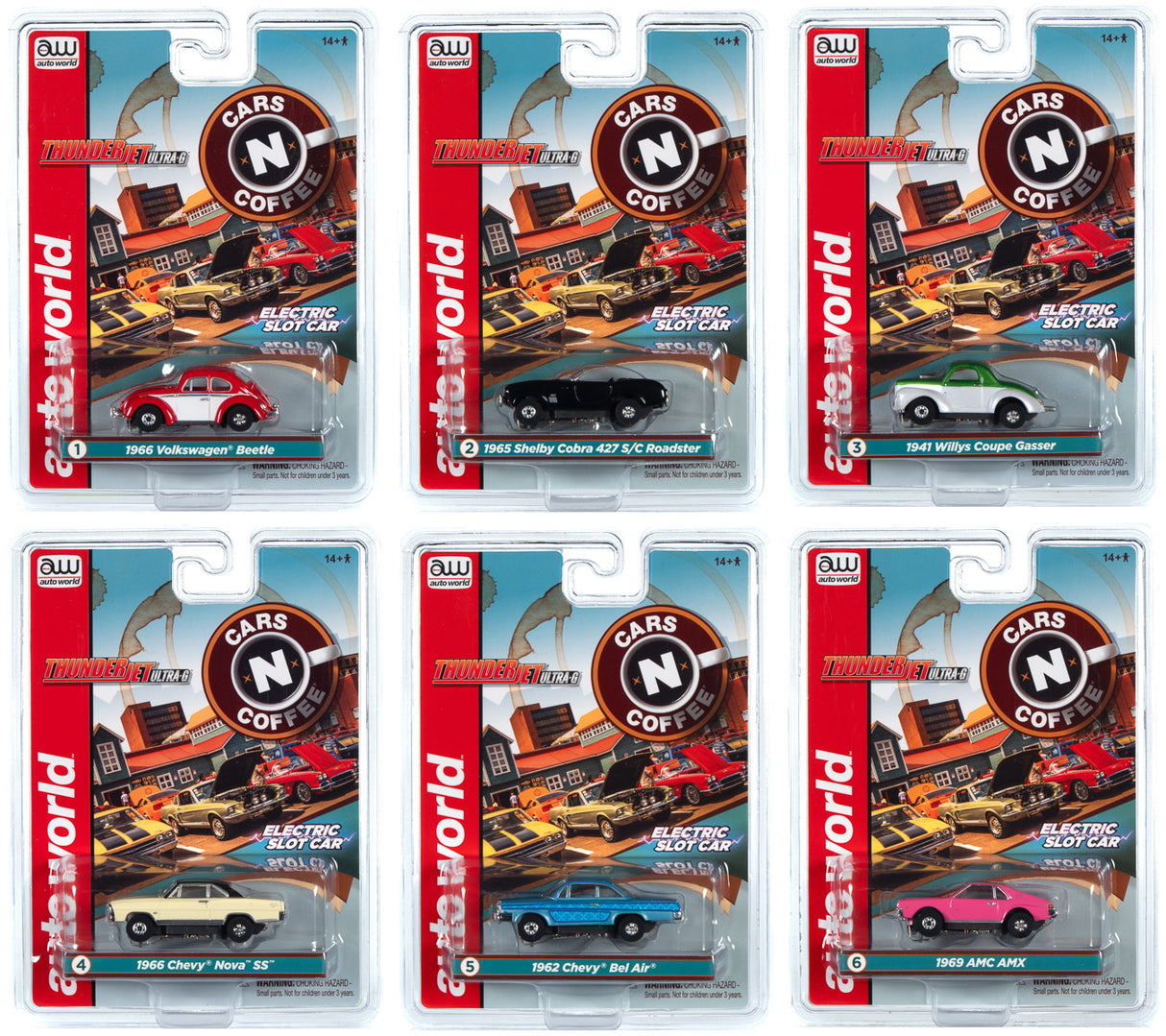 Slot car set featuring 1966 Beetle, 1965 Cobra, 1941 Coupe, 1966 Chevy Nova, 1962 Chevy Bel Air, and 1969 AMC