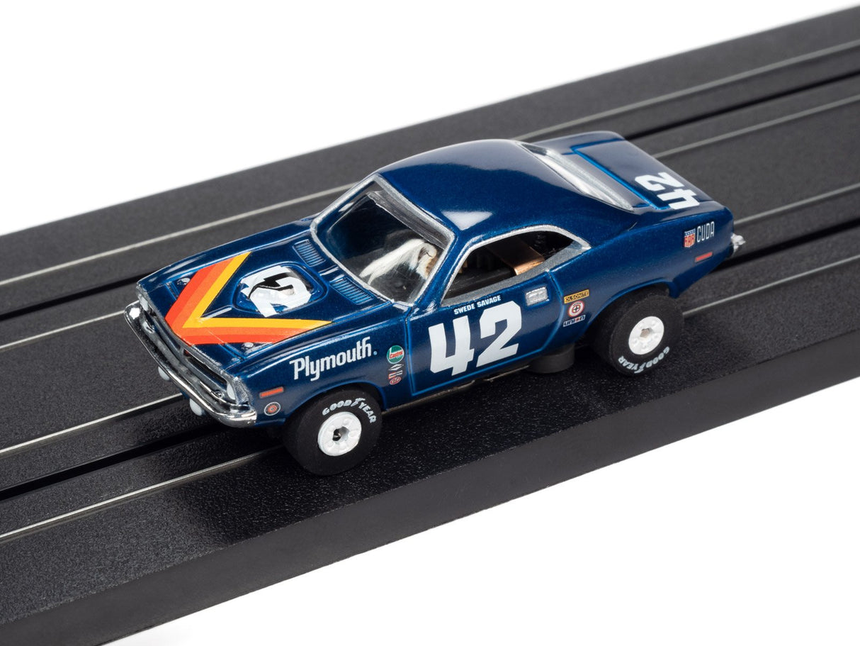 Blue Plymouth muscle car slot car on a black track for Auto World SC362