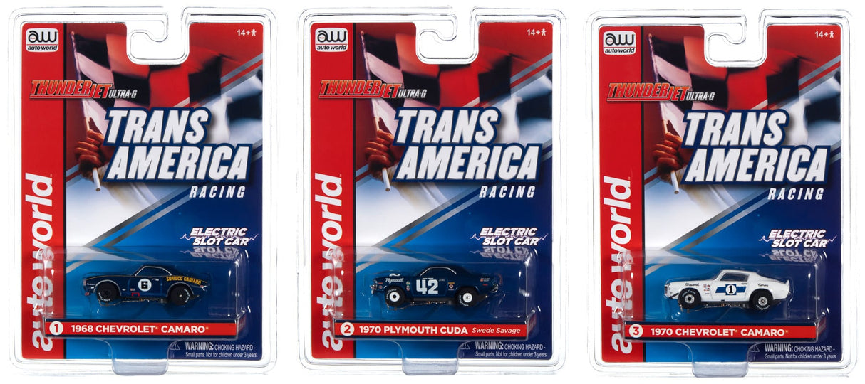 Three vintage race car sets: 1968 Camaro, 1970 Plymouth Cuda, and 1970 Camaro for Auto World SC362