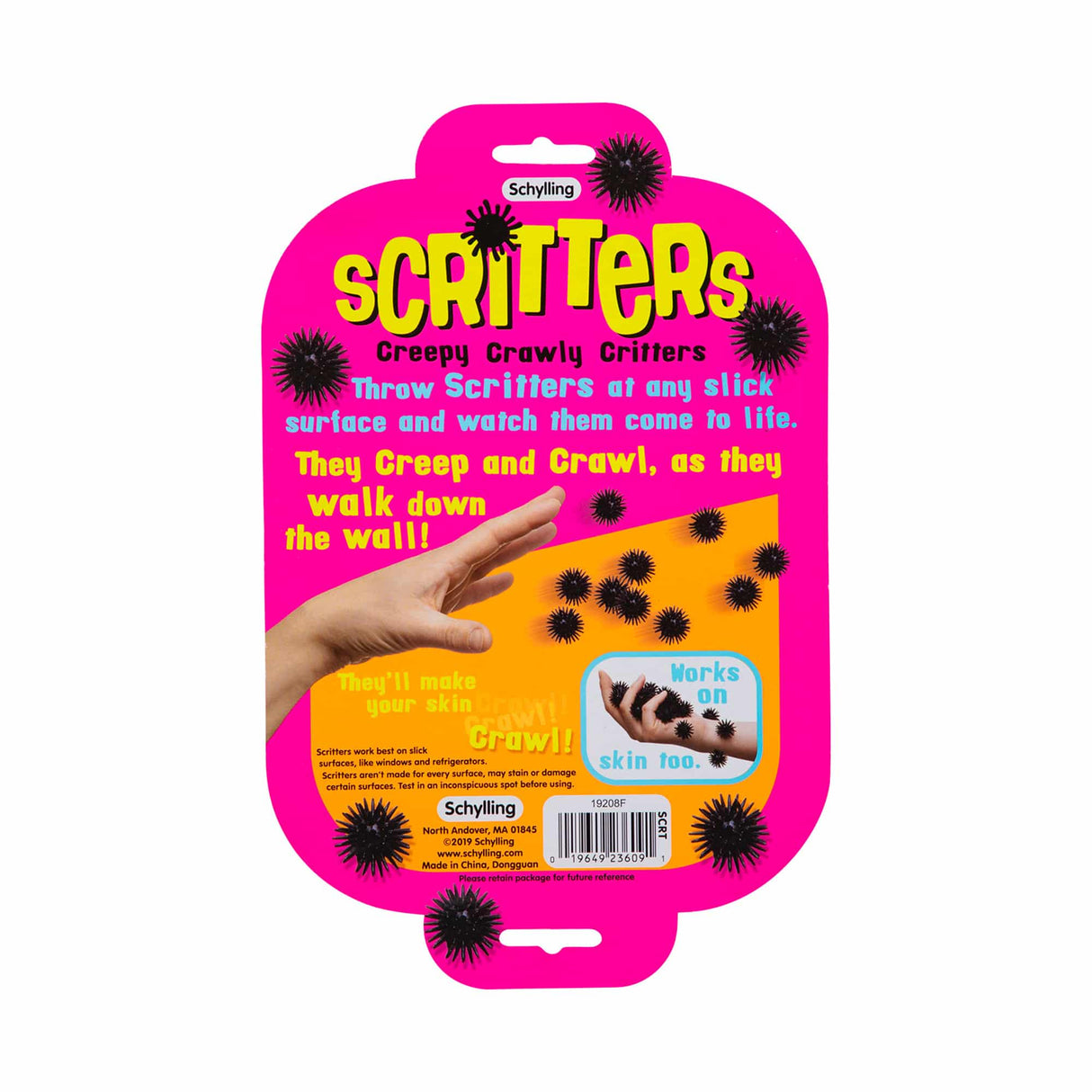 Toy packaging showing colorful, creepy crawly figures that stick to surfaces for Schylling SCRT