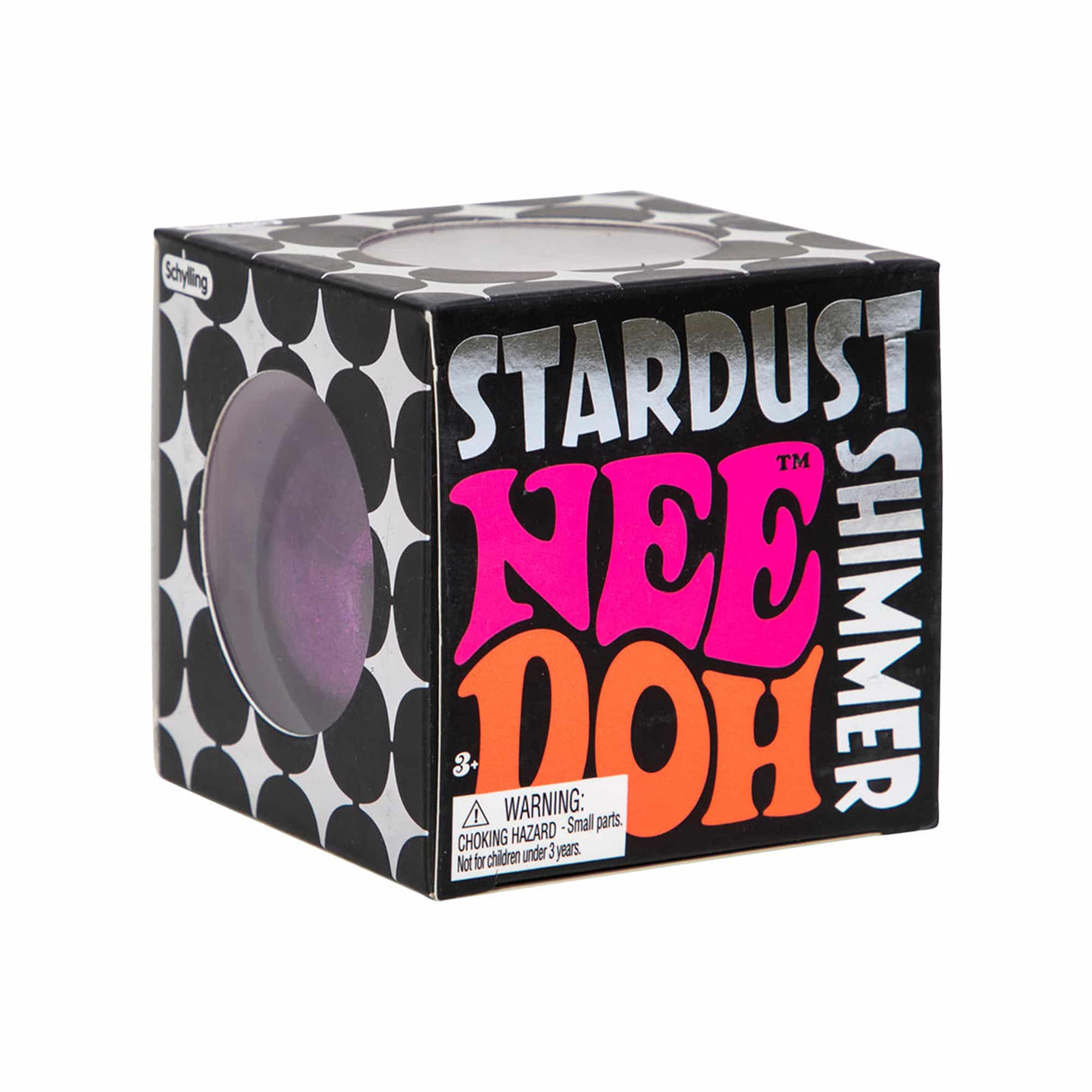 Box packaging for Stardust Nee Doh slime, featuring bold text and warning label for Schylling SDSB