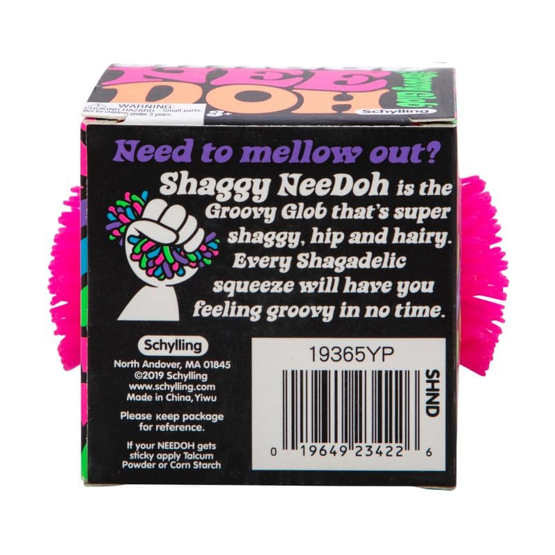 Toy packaging for Shaggy Nee Doh, a squishy, hairy stress toy for Schylling SHND