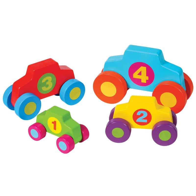 Colorful stacking toy cars with numbers 1, 2, 3, and 4 for Schylling SPLC