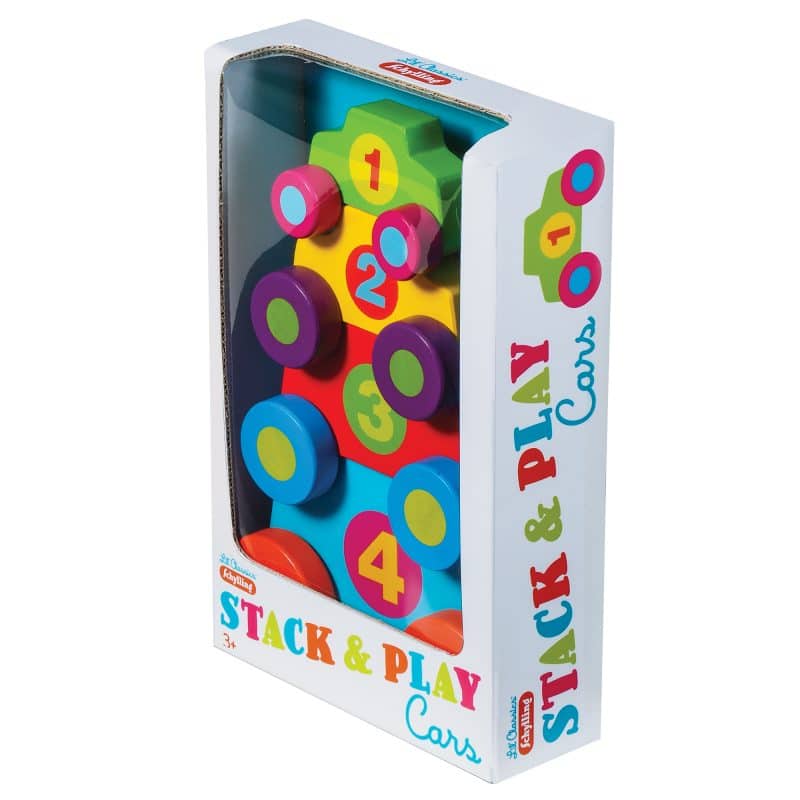 Colorful stacking toy set with numbered, interlocking car pieces for Schylling SPLC
