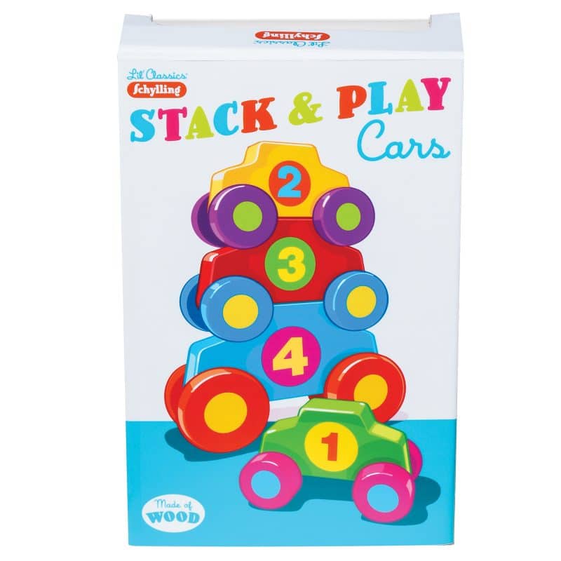 Wooden stacking toy set with numbered, colorful cars for children for Schylling SPLC