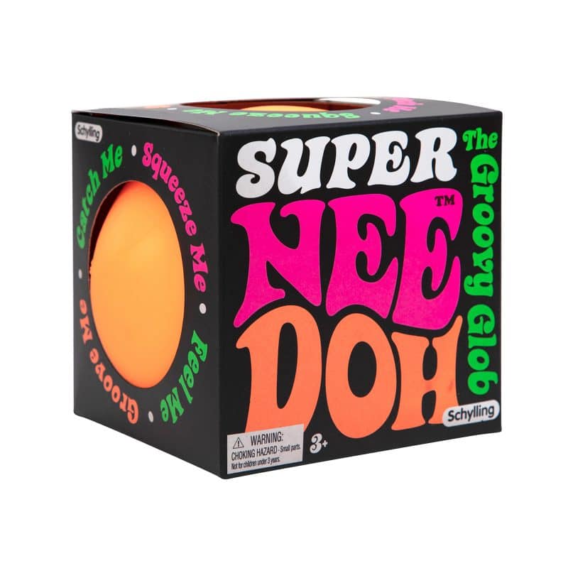 Box packaging for Super Nee Doh, a squishy sensory toy for Schylling SPND
