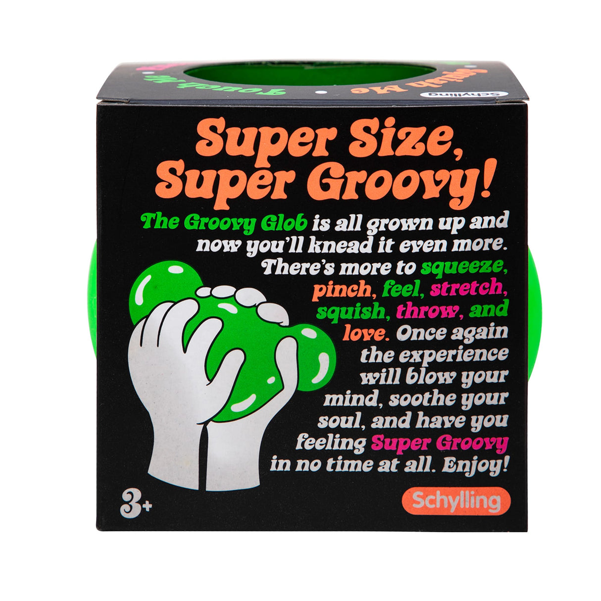 Box packaging for a sensory toy, featuring green and white graphics for Schylling SPND